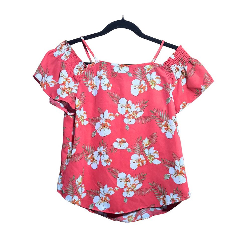 Paper Crane Coral Floral Off Shoulder Blouse Smocked Flutter Sleeve Size Small - Picture 3 of 6